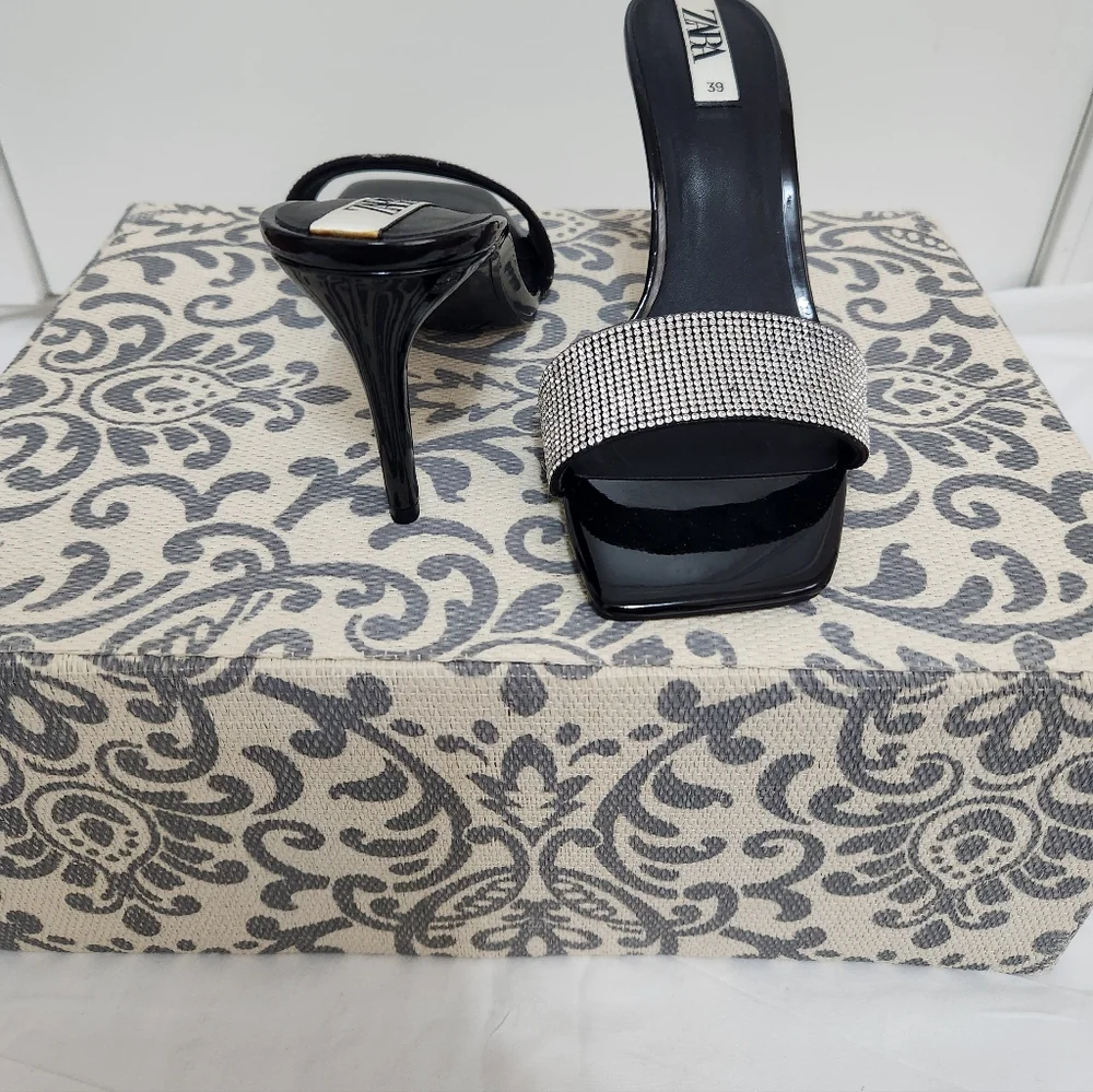 SOLD.....ZARA Rhinestone Open Toe Mules/ Slides Holiday Party Shoes - Picture 3 of 8